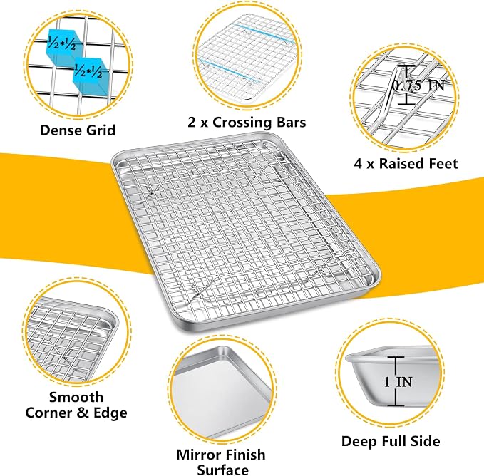 P&P CHEF 12.5 Inch Toaster Oven Pan Tray with Wire Rack, 2 PCS | Baking Sheet Pan + Cooling Rack for Cooking/Roasting, Dishwasher Safe & Rust Free, Non-toxic & Sturdy