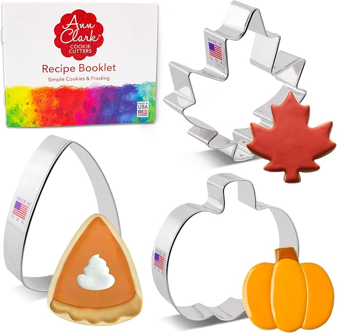 Ann Clark Halloween Fall Fun Cookie Cutters 3-Pc Set (Pumpkin, Maple Leaf, Pie Slice/Candy Corn) Made in USA