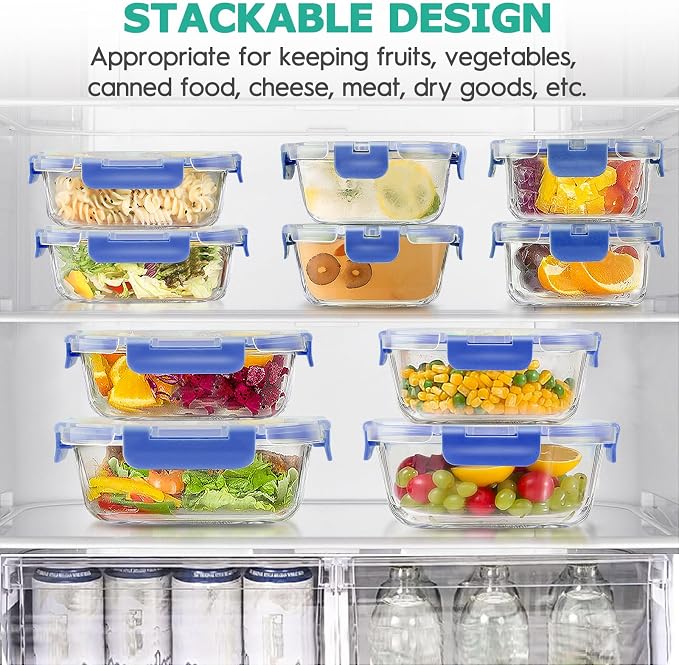 34pcs Glass Food Storage Containers with Lids Set, Airtight Glass Meal Prep Containers (17 Containers & 17 Lids), Leak Proof Lunch Container BPA-Free, Microwave, Oven, Freezer, Dishwasher Safe-Blue