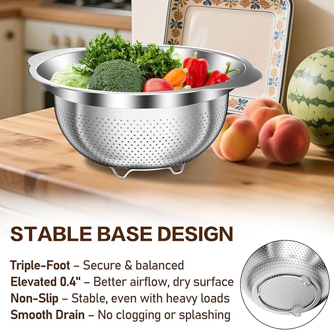Large Strainers and Colanders, Big Stainless Steel Colanders for Kitchen, Stainless Steel Strainer Set of 3 (7 QT, 6 QT, 5 QT) for Draing Pasta Spaghetti Fruit Vegetable