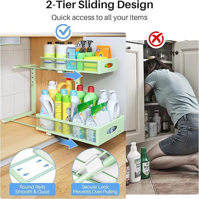 Under Sink Organizer, 2 Tier Pull Out Under Cabinet Organizer Shelf with Pad for Framed Cabinets, Metal Slide Out Under Sink Storage, Mesh Sliding Drawers for Kitchen Bathroom Laundry(Green, 1 Pack)