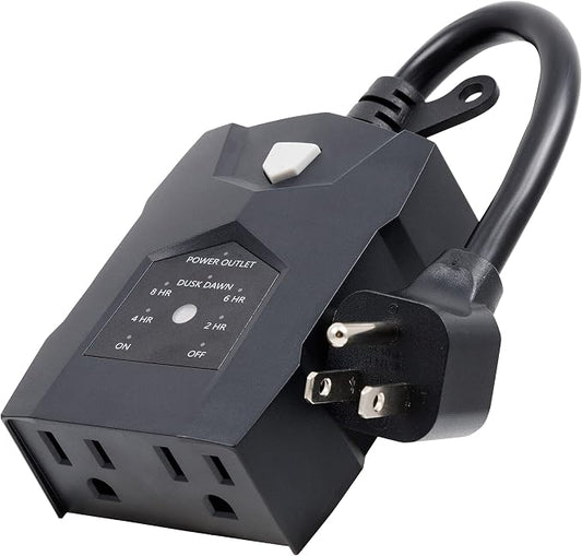 UltraPro Outdoor Dusk to Dawn Outlet Timer with Countdown, Dual Outlet Light Sensor Plug, 8/6/4/2 Hour Settings, Weather‑Resistant Seasonal & Landscape Lighting Control, 1 Pack, Black, 70386