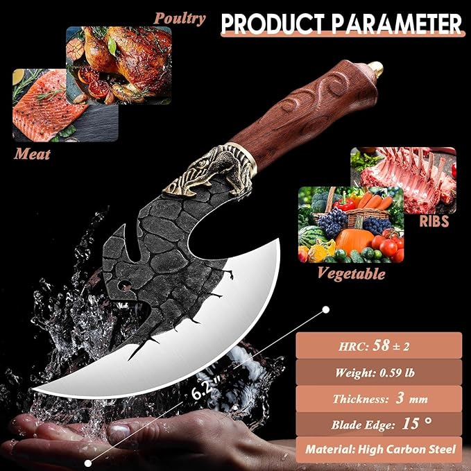 ROCOCO Viking Cleaver Knife Birthday - Kitchen Axe & Sheath Father Gift Men | Hand Forged High Carbon Steel Butcher Meat Cutting Boning Knife for Home Outdoor BBQ Camping Chirstmas Mother
