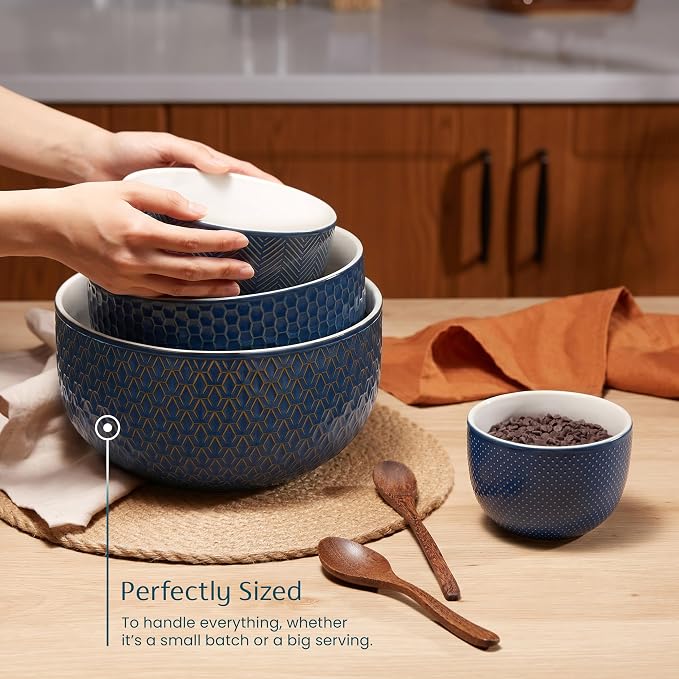 Kook Ceramic Nesting Bowls, Embossed Kitchen Bowls, For Prep, Mixing and Serving, Microwave and Dishwasher Safe, Midnight Blue with Burnt Copper Accents, 20/44/98/145 oz, Set of 4, Narbonne Collection