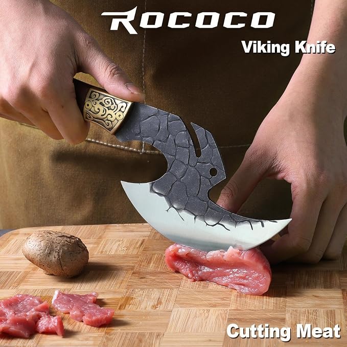 ROCOCO Viking Cleaver Knife Birthday - Full Tang Kitchen Axe Gift Men | Hand Forged Butcher Meat Cutting Boning Knife Home Outdoor BBQ Camping Birthday Father Mother Gift