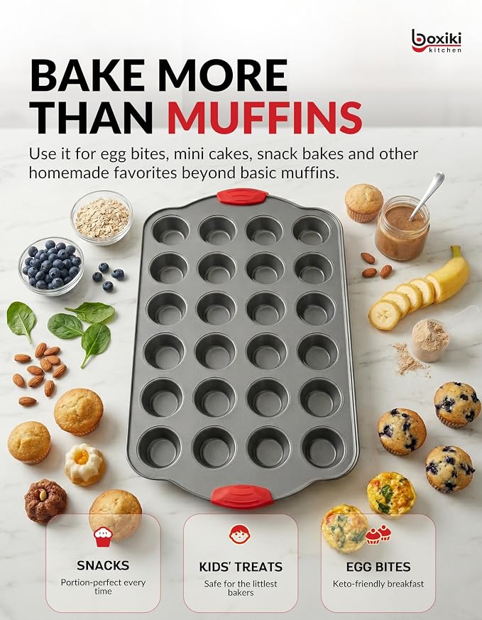 24 Cup Mini Muffin Pan with Silicone Handles | Professional Non-Stick Cupcake Pan for Muffins, Cupcakes, Egg Bites, and More