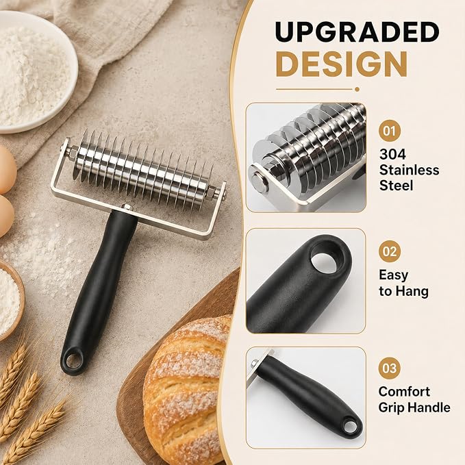 Pastry Lattice Roller Cutter, Stainless Steel Multi-Wheel Dough Cutter with Comfortable Grip Handle, Pie Crust Strip Cutters for Pastry, Pizza Dough, Bread & Beef Wellington