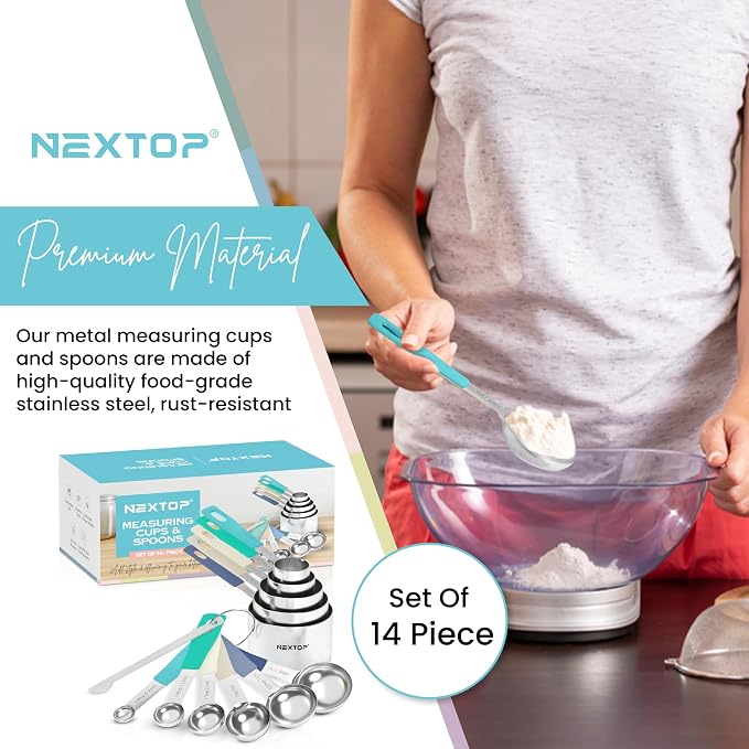 Nextop 14-Piece Stainless Steel Measuring Cups and Measuring Spoons Set with All Stackable Sizes and Leveler for Dry Ingredients, Complete Set for Kitchen & Baking Measuring Tools (Aqua Sky Blue Set)