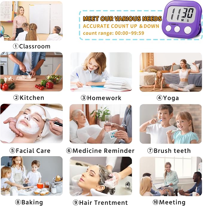 Timer for Kids Teachers Supplies Digital Kitchen Timers for Cooking Large Magnetic Classroom Timer 2Pack-Blue Purple