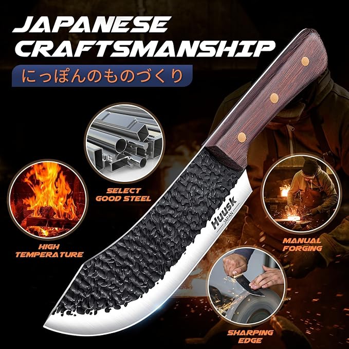 Huusk Meat Cleaver Knife - 7" Butcher Knife for Meat Cutting - Hand Forged Chopping Knives with Ergonomic Handle - Ultra Sharp Kitchen Chef Knives for Home Outdoor BBQ, Gifts for Men and Women