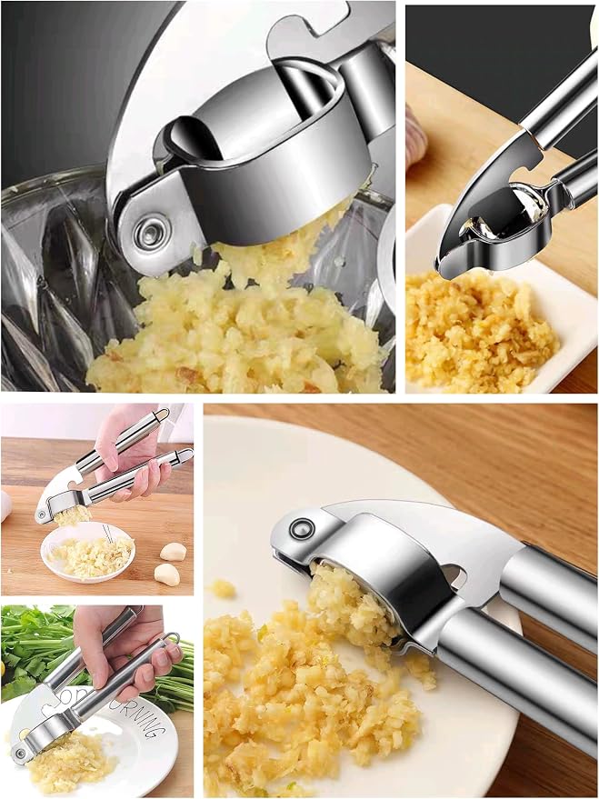 Stainless Steel Garlic Press & Ginger Crusher with Peeler Tube - Heavy Duty Metal Mincer for Garlic, Ginger, Nuts - Dishwasher Safe, Includes Cleaning Brush & Silicone Peeler