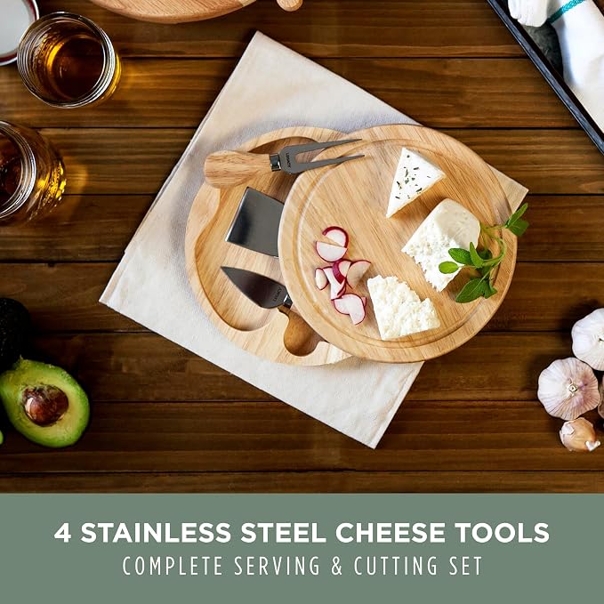PICNIC TIME Brie Cheese Board and Knife Set, Novelty Charcuterie Board Set with Stainless Steel Tools and Juice Groove, Two-tiered, Swivel-Open Serving Platter, and Charcuterie Set, (Parawood)