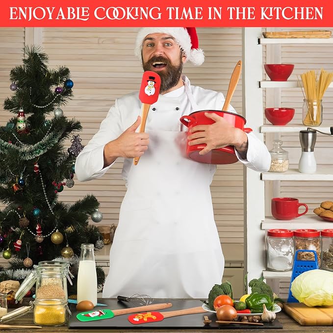 Patelai 16 Pieces Christmas Silicone Spatula Set Kitchen Christmas Spatula Set Santa Claus Snowman Gingerbread Spatula Christmas Cake Decorating Spatula with Handle for Baking Cooking (Wooden)