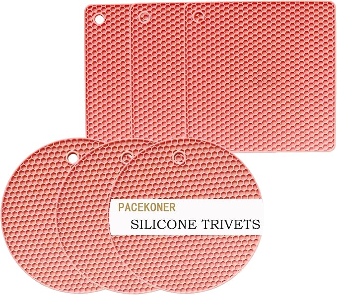 6-Pack Silicone Trivet Mats, Heat Resistant Hot Pads, Dishwasher Safe Kitchen Mats, BPA-Free Pot Holders for Table, Countertop, Stove, Honeycomb Design (Pink, 7” Square/Round)