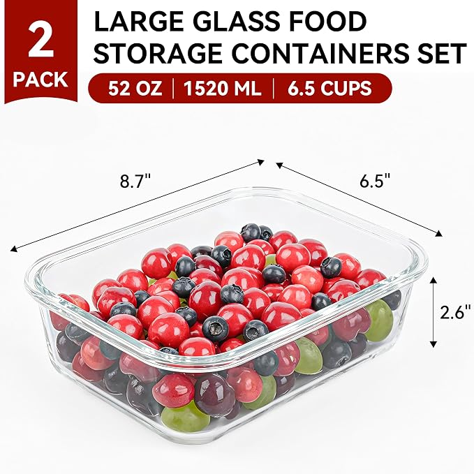GEHE 2 Pack 52oz Large Glass Food Storage Containers with Lids, Glass Meal Prep Containers with Airtight Lids for Baking, Storing, Lunch Container, Microwave/Freezer/Dishwasher Safe, BPA Free