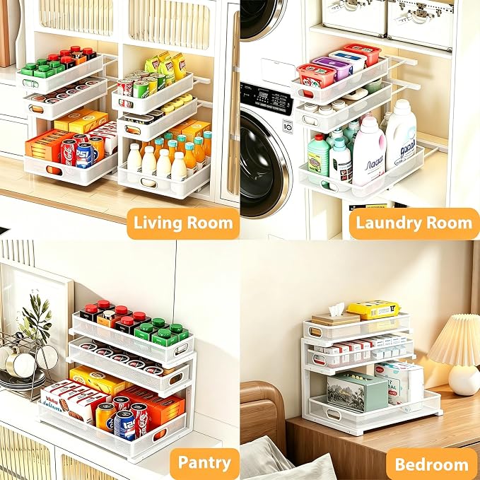 2 Pack Under Sink Organizer, 3-Tier Pull Out Kitchen Cabinet Organizer | 5 Adjustable Heights, Metal Slide Out Bathroom Storage, Makeup Drawer Rack for Bedroom Office Pantry Home Organization, White