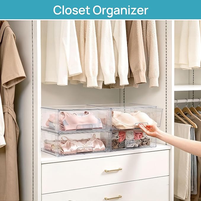 Vtopmart 3 Pack Large Clear Stackable Storage Drawers for Closet, Pantry | Easily Assemble Bathroom Closet Undersink Organizers,Plastic Bins for Cabinet,Kitchen Pantry,Medicine Organization