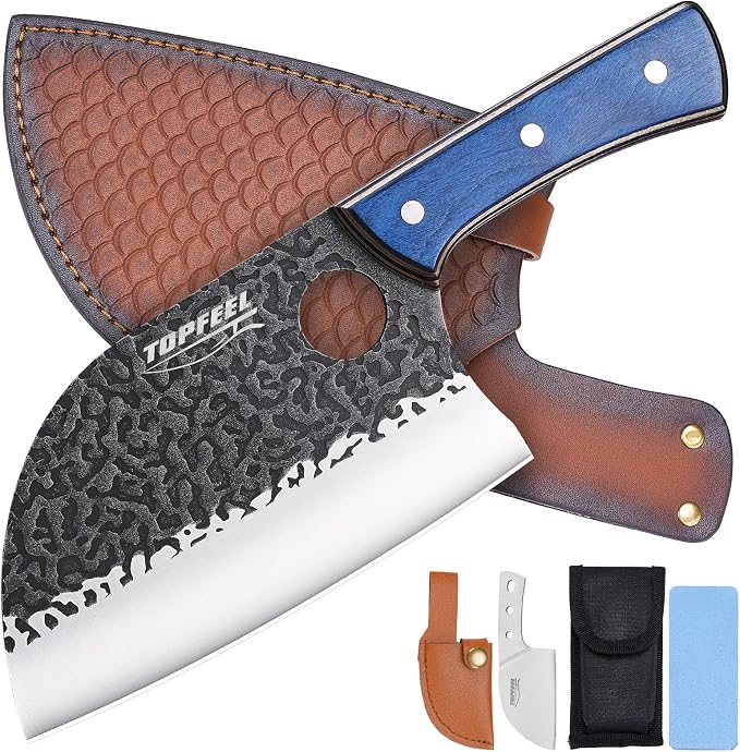 6.8Inch Serbian Chef Knife- Butcher Knife Meat Cleaver Set for Cooking, Chopping. Kitchen Knives with Leather Sheath for Home, Camping, BBQ