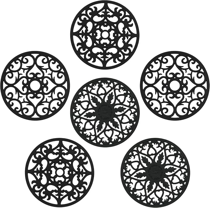 Trivets for Hot Dishes, Silicone Trivet Hot Pads for Kitchen, Silicone Trivets for Hot Pots and Pans, Round Silicon Pot Holder for Tabletop, Heat Resistant Mat for Countertop Set of 6 Black