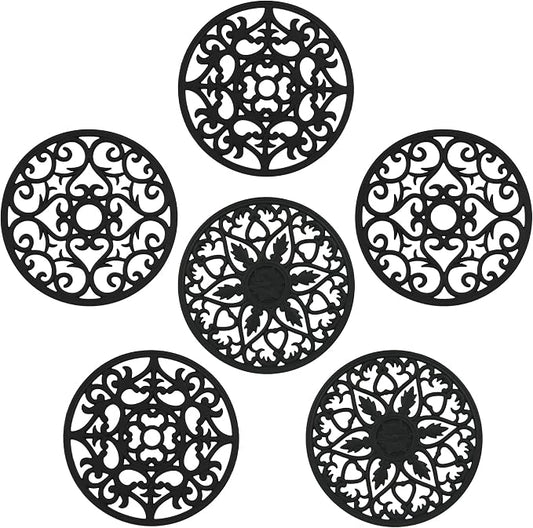 Trivets for Hot Dishes, Silicone Trivet Hot Pads for Kitchen, Silicone Trivets for Hot Pots and Pans, Round Silicon Pot Holder for Tabletop, Heat Resistant Mat for Countertop Set of 6 Black