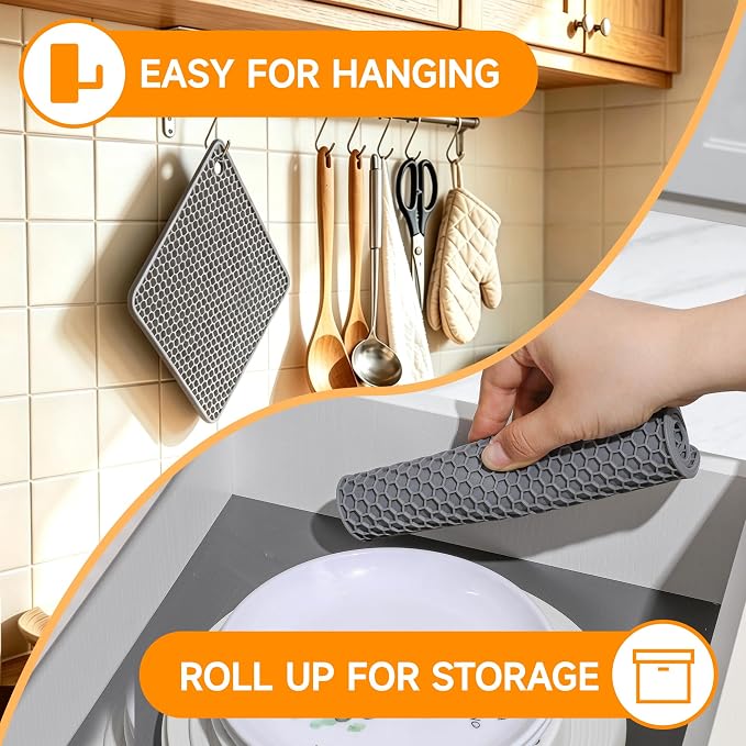 Trivets for Hot Dishes, Non-Slip Silicone Hot Pads for Kitchen Countertop Protector, BPA Free Heat Resistant Mat for Hot Pots and Pans 4-Pack Food Grade Silicone Grey