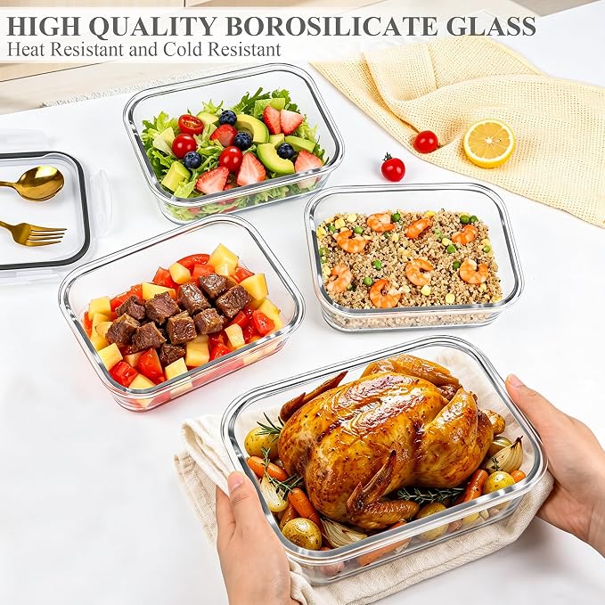 GEHE 4 Pack 52 oz Large Glass Food Storage Containers with Lids - Glass Meal Prep Containers For Baking, Storing, Airtight Lunch Container, Freezer, Dishwasher, Microwave and Oven Safe, BPA Free