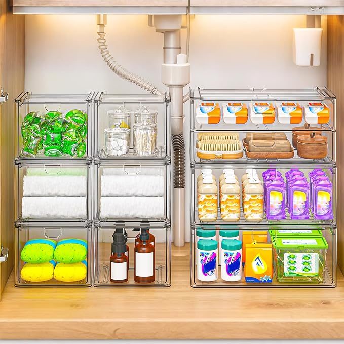 6-Pack Acrylic Stackable Storage Drawers for Vanity, Desk, Bath | 2 large & wide 13" drawers, Smooth-glide, stackable, clear body, dustproof, wipe clean, for makeup, pantry jars, under sink
