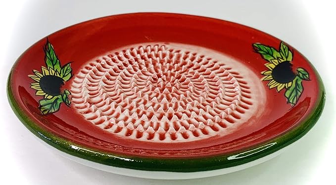 BonCera, All-in-one Premium Ceramic Garlic Grater Plate 4-Piece Set - Red Sunflower Design, Classic Style - For Garlic, Ginger, Chocolate, and more! - Comes with 5.25" Plate, Peeler, Brush, and Stand