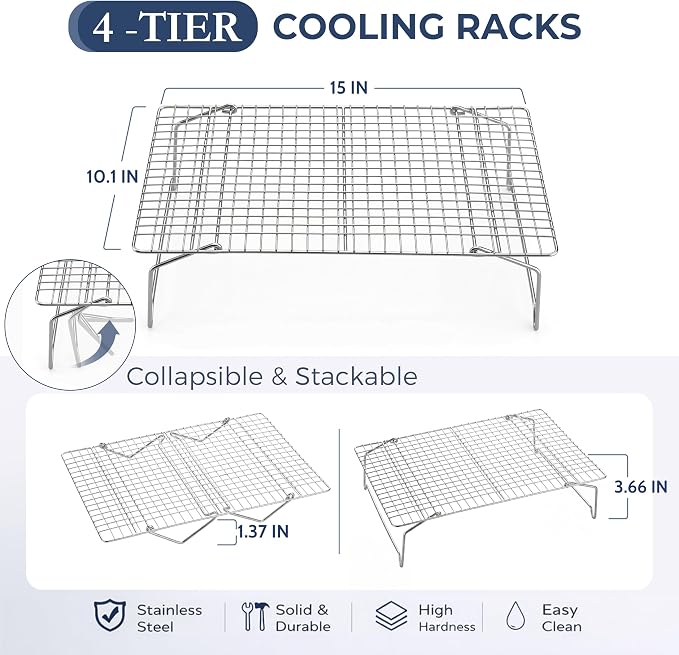 E-far Cooling Rack 15”x10”, 4-Tier Collapsible for Cooking and Baking | Tight-Wire Stainless Steel Cookie Rack for Baking Sheet, Oven, Roasting, Stackable & Space Saving, Dishwasher Safe