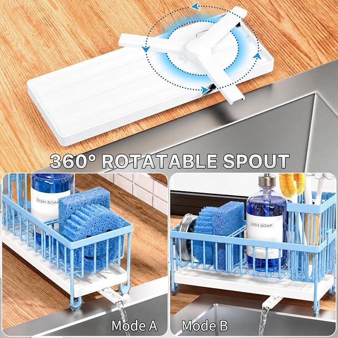Cisily Sponge Holder for Kitchen Sink, Sink Caddy Organizer with High Brush Holder, Kitchen Countertop Organizers and Storage Essentials, Rustproof 304 Stainless Steel (Blue, 9.25″)