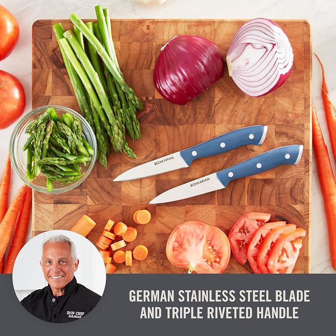 Zakarian by Dash 2 Piece Chef Grade German Steel Paring Knife Set with Smooth and Serrated Blades for Chopping, Dicing, Mincing, Slicing and More – Blue