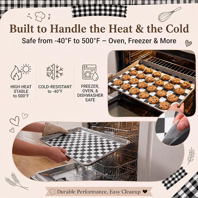 2 Pcs Checkered Silicone Baking Mat Non-Stick Reusable Oven Liner, Food Grade Silicone Roasting Mat with Anti-Slip Grid Design for Baking, Oven, Air Fryer(Black and White, 16.4 x 10.8 Inch)