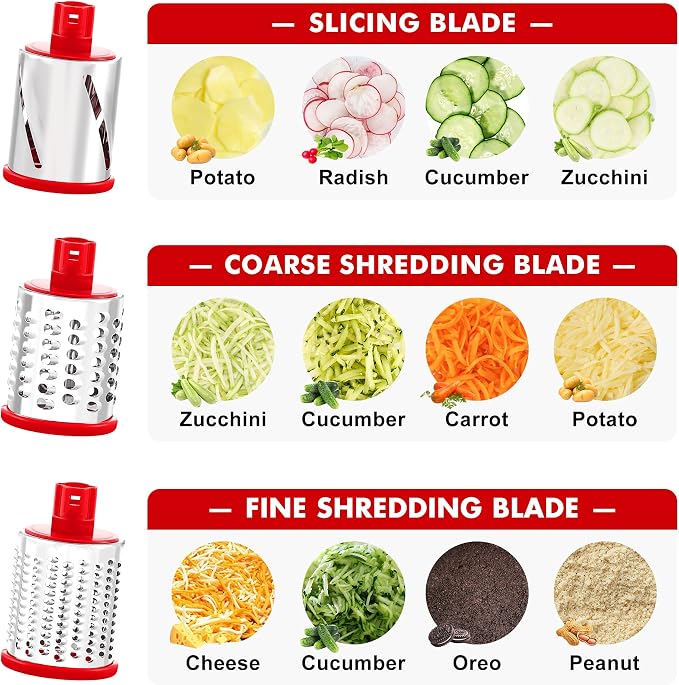 GDL Cheese Grater Hand Crank - Upgraded 6-in-1 Cheese Grater with Handle and Strong Suction Base, Multi-purpose Cheese Shredder Vegetable Slicer Ice Shaver for Potato, Vegetables, Nuts, Chocolate