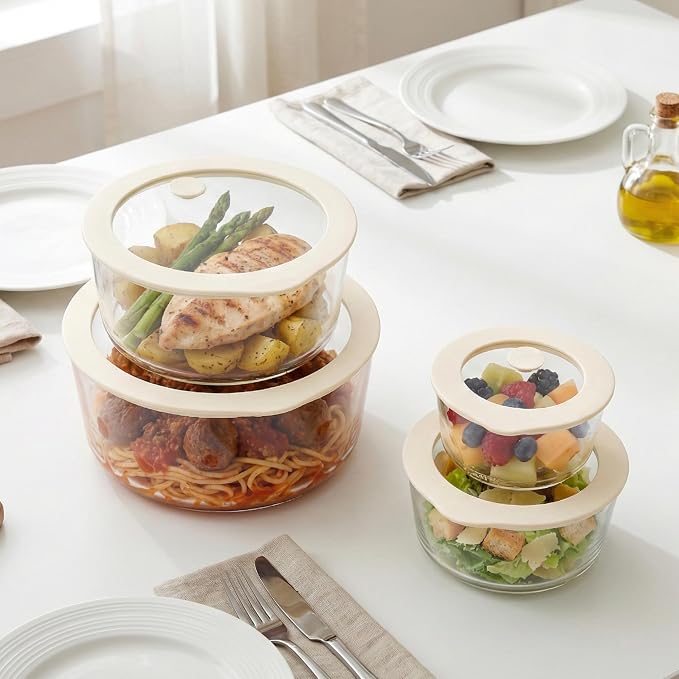 Glass Food Container Set with Glass Lid, 4 Pack, Meal Prep Containers with Silicone Framed Airtight Lid, Leakproof, 100% Plastic Free,