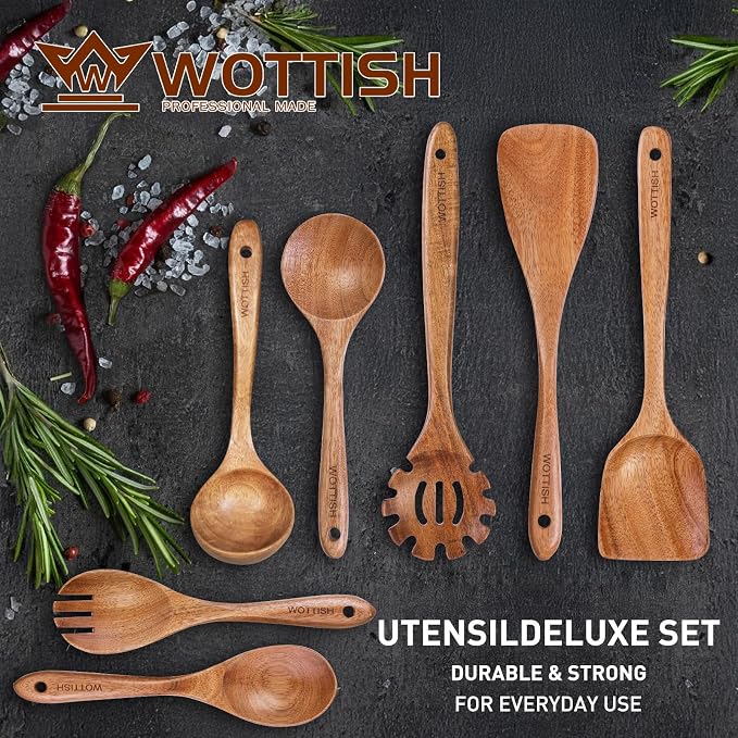 Wooden Spoons for Cooking,WOTTISH 7Pcs Wooden Cooking Utensils,Nonstick Wooden Spatula,Wooden Kitchen Utensils Set Non Toxic,Wooden Utensil Set(A07)