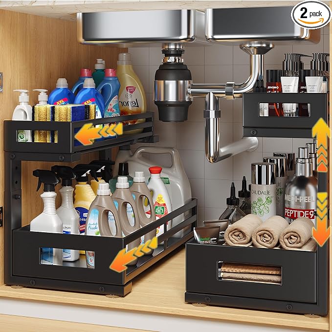 2-Pack 17"Deep Under Sink Organizer And Storage, 2-Tier L-Shaped Pull Out Cabinet Organizer with Upgraded Slide Rails, Height Adjustable Drawers for Kitchen&Bathroom, Extra-Large Storage Shelves–Black
