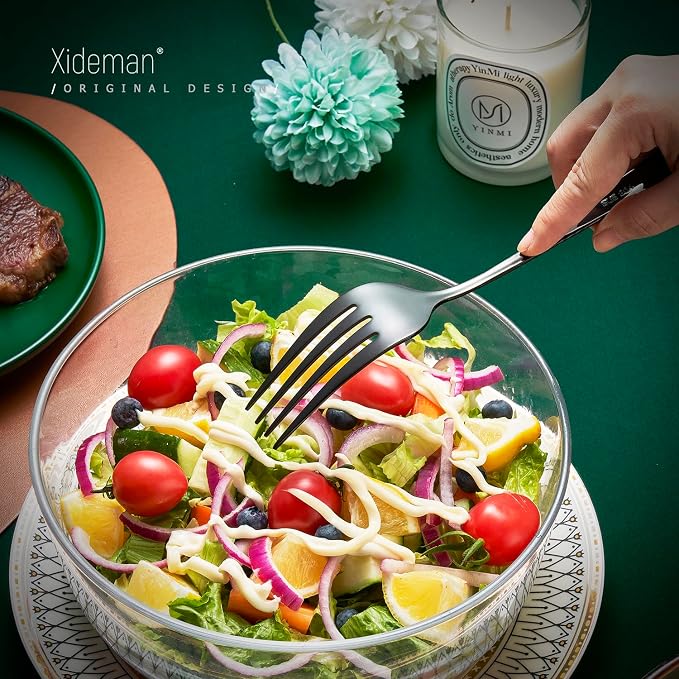 Xideman® 7-Piece Hammered 18/10 Stainless Steel Silverware Serving Utensil Set - Hostess Flatware with Cake Knife & Cake Server (Black)
