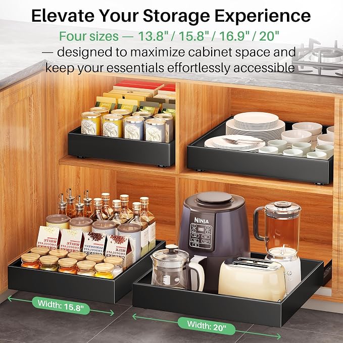 4 Pack Pull out Cabinet Organizer, 21"Deep, Heavy Duty Full-extension Slide out Drawers for Kitchen Cabinet, Roll out Shelf Storage with Nano Adhesive for Pots, Bathroom, Pantry, Home, Black