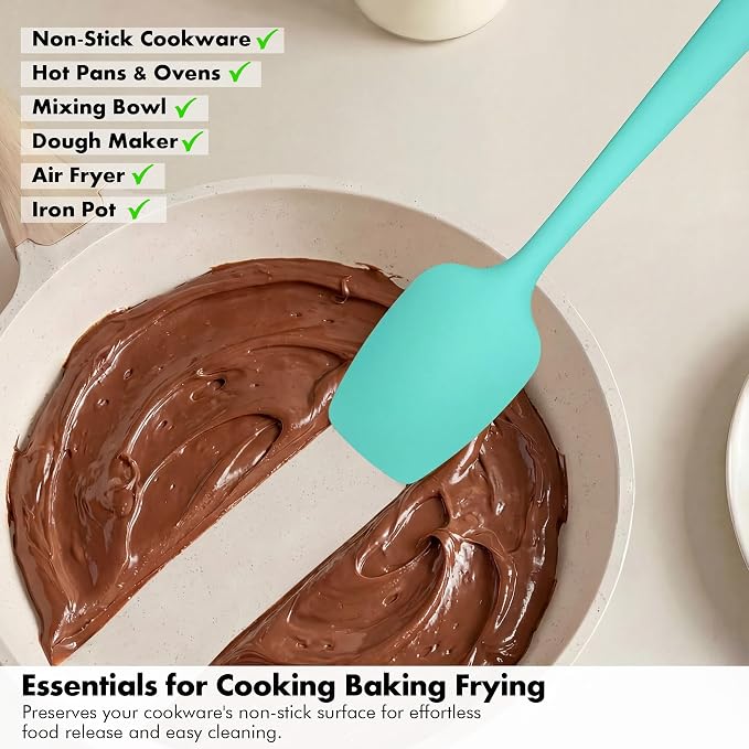 Silicone Spoonula Set: 600ºF Heat Resistant Food Grade Cooking Baking Utensils, Kitchen Flexible Nonstick Rubber Pan Spoon Spatula for Mixing, Scrambling, Scooping (3 Pieces, Aqua Sky)