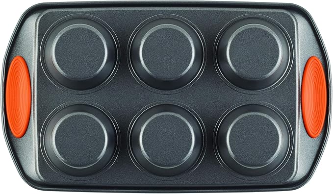 Rachael Ray Yum-o! Nonstick Bakeware Oven Lovin' Cups Muffin Pan 6-Cup, Gray with Orange Handles