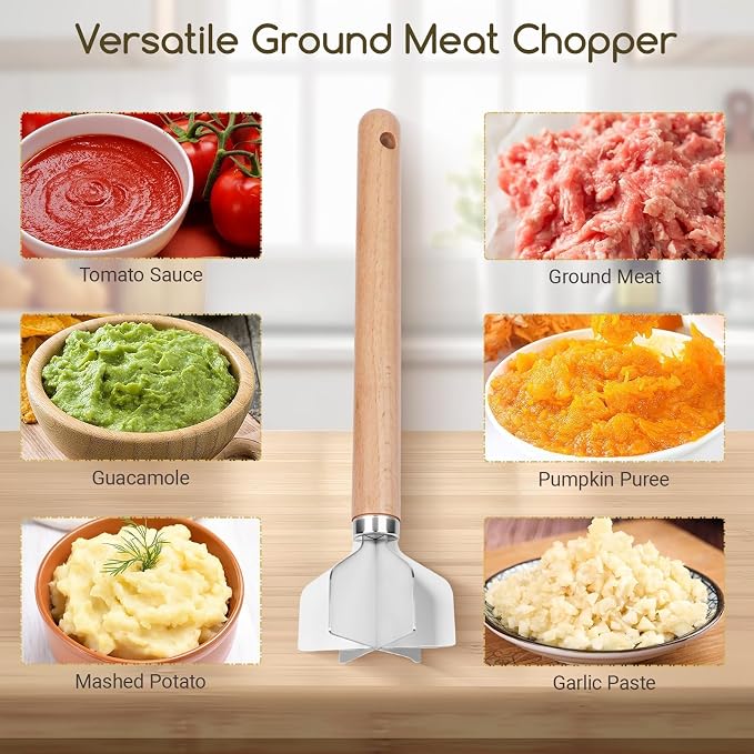 Meat Masher Stainless Steel Meat Chopper, 6-Blade Ground Beef Chopper Tool with 11" Wooden Handle for Hamburger,Turkey & Potato Masher (L, Wood Handle-1pc)