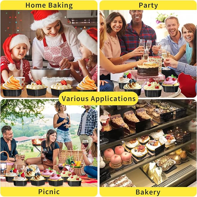 10oz Aluminum Foil Brownie Pans with Lids and Spoons, 40 Pack Square 4”X4” Disposable Ramekins Muffin Tins,Mini Cake Pans Baking Cups,Individual Cupcake Containers Dessert Cups - Black Gold