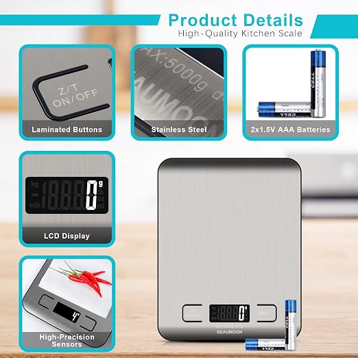 Food Scale Kitchen-Scale 11lb/5kg Food Scale for Kitchen Stainless Steel LCD Display Tare Function (g/oz/ml) for Meal Prep Coffee (Batteries Included)