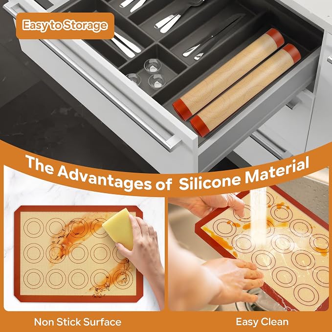 P&P CHEF 11.6 Inch Silicone Baking Mat, 2Pcs Non-stick Silicone Oven Mats | Reusable Baking Supplies for Macaroon Pastry Bread Dough Cookie Pizza, Good for Roasting Kneading, Fit Well with Sheet Pan