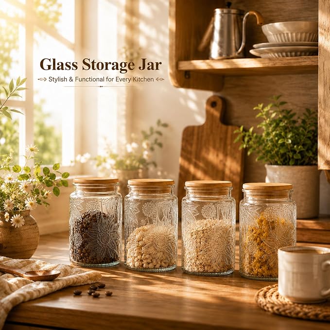 Glass Storage Jars with Airtight Bamboo Lid, 35 FL oz - Decorative Food Canisters for Kitchen Counter, Ideal for Sugar, Coffee, Tea, Candy, Cookies (35oz Large Sunflower)