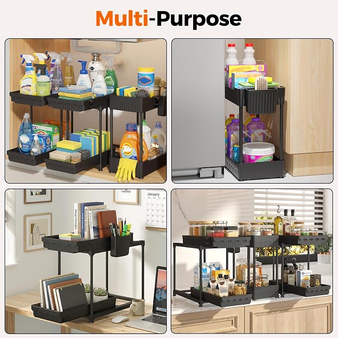 3-Pack 2-Tier Under Sink Organizers with Sliding Drawers | Multi-use kitchen & bathroom storage, 12.8 inch 2-Tier Sliding cabinet organizer, space-saving sliding drawer design.