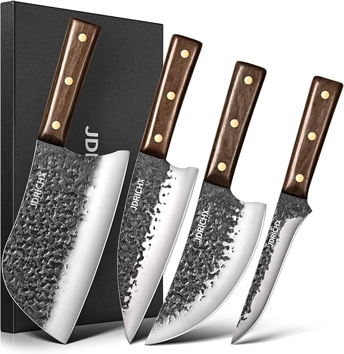 4-Piece Hand Forged Butcher Knife Set with High Carbon Steel | Full Tang Meat Cleaver Set for Bone Cutting, BBQ, Meat Preparation and Outdoor Cooking