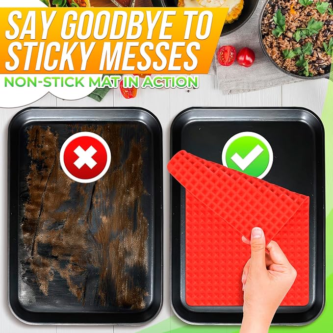 Silicone Baking Mat with Red Pyramid Fat-Draining Design — Non Stick Baking Mat 16 x 11.5" for Oven, Bacon, Roasting Meats, BBQ and Pastry — Food-Grade, Flexible and Dishwasher-Safe Reusable Pan Liner