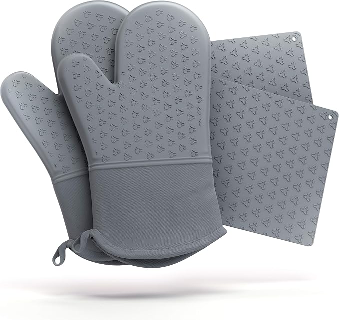 Cosy House Collection 4-Piece Oven Mitt & Pot Holder Set | Heat Resistant Trivet Cooking Gloves - Durable & Comfortable Long-Lasting Silicone - Cooking, Baking & Grilling (Grey)