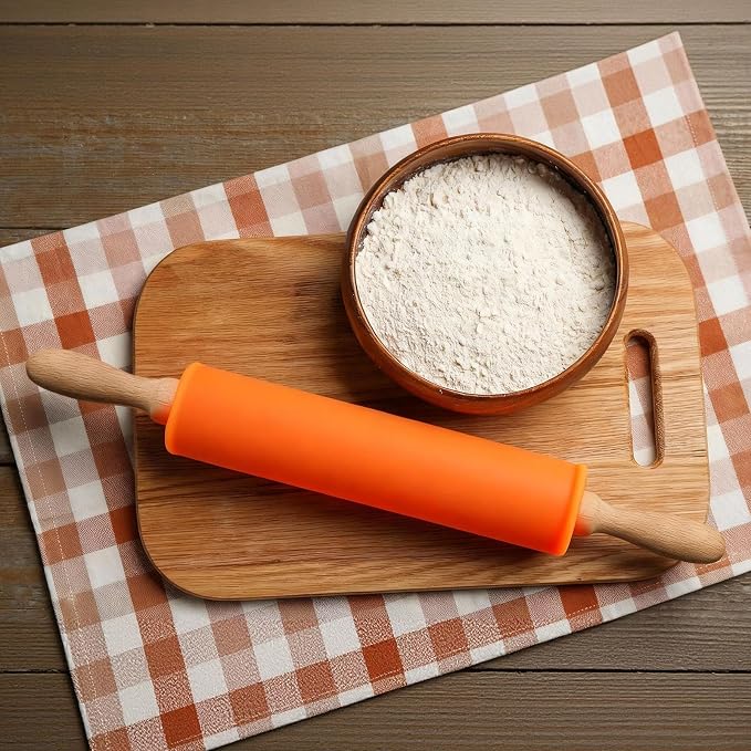 uxcell Rolling Pins for Baking, 9 Inch Silicone Non-Stick Rolling Pin Baking Roller Wooden Handle for Home Kitchen Dough Cookies Pastry, Red
